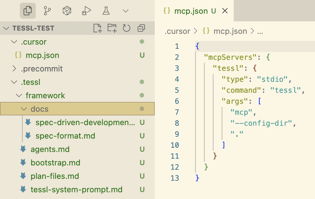 Screenshot of Cursor, showing the files Tessl created in the file tree (.tessl/framework folder), and the open MCP configuration on the right, which starts the tessl command in MCP mode
